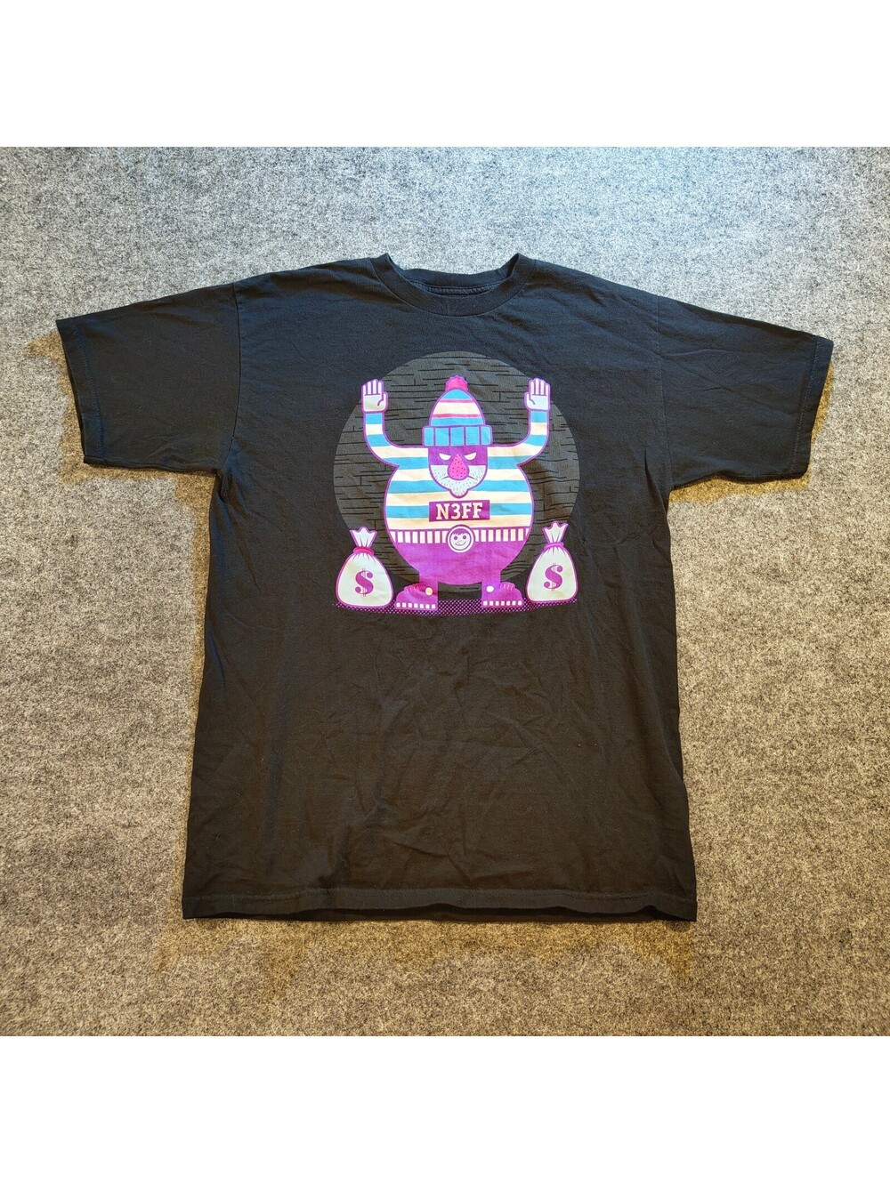 NEFF Black Graphic Tee Cartoon Money Bags Streetwear Shirt Size M